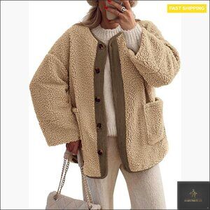 Sherpa Fleece Jacket Long Sleeve Button Up Loose Fit Cozy Winter Outerwear